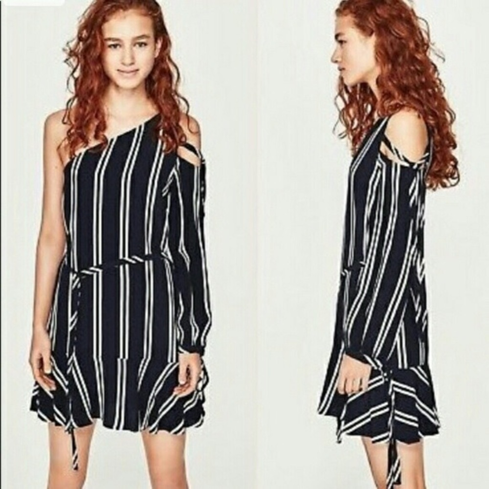 Zara beautiful one strap, striped navy blue dress